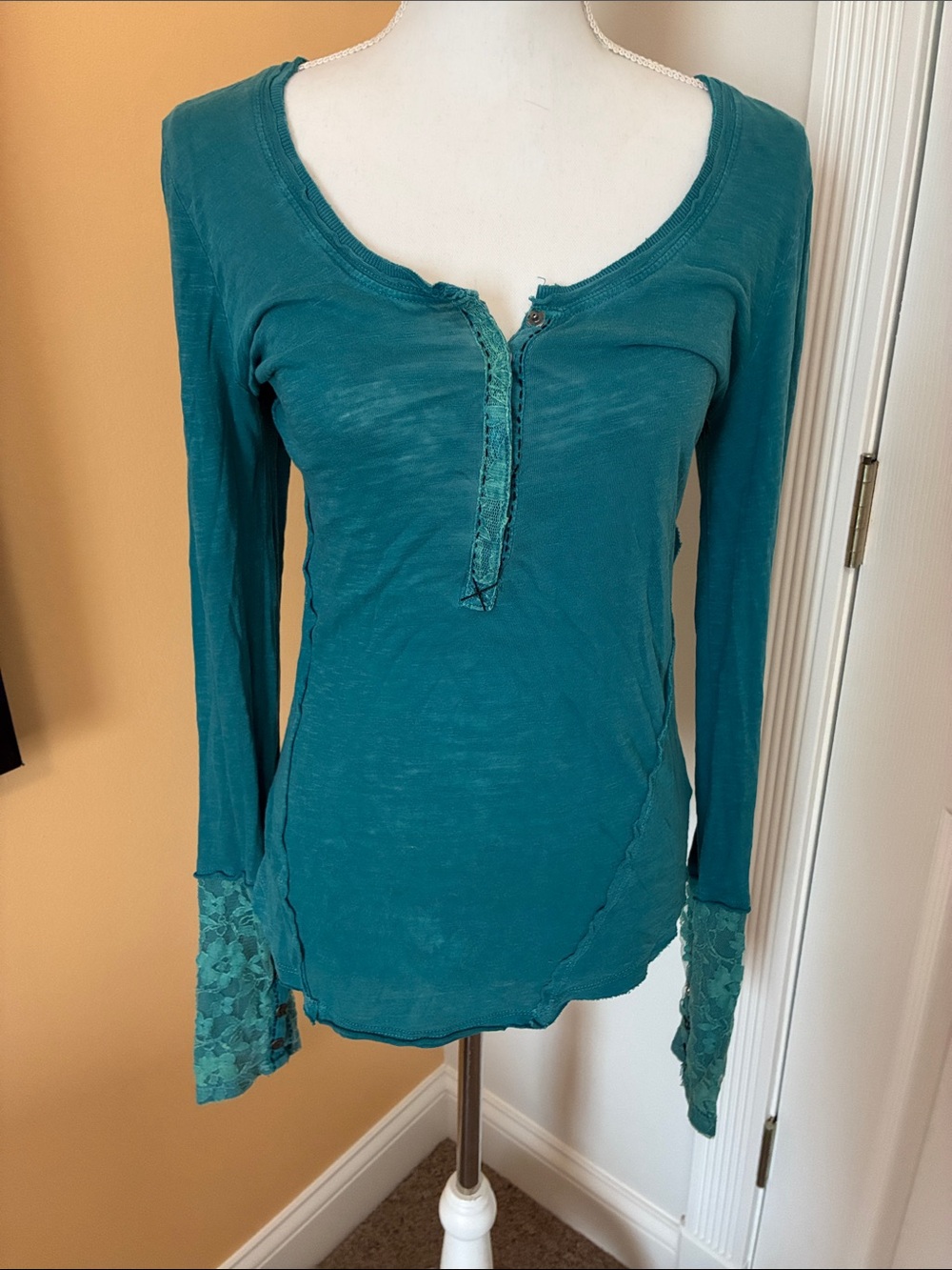 Free People Teal Long-Sleeve Lace-Cuff Henley
